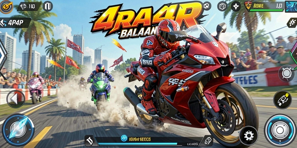 Screenshot gameplay <strong>4P4P</strong> menampilkan kecepatan tinggi balapan motor.