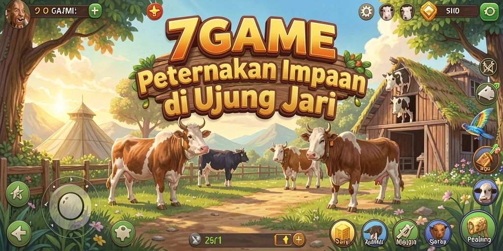 Tampilan gameplay 7GAME dengan aktivitas bertani dan merawat hewan.