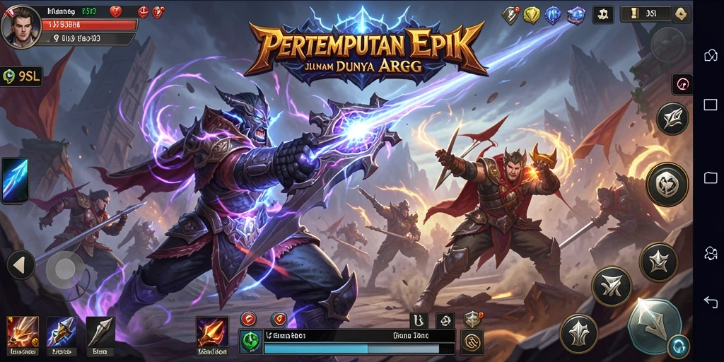 Screenshot gameplay 9SL menunjukkan pertarungan seru dalam dunia fantasi.