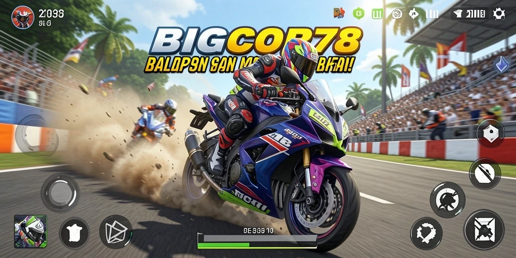 Tampilan gameplay mendebarkan di BIGCOR78 dengan motor balapan yang cepat.
