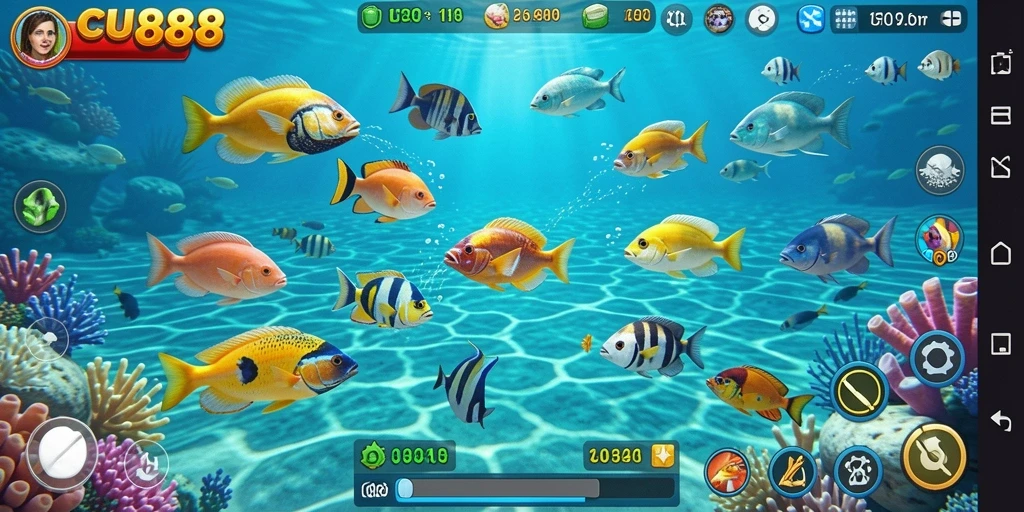 Tampilan gameplay CU888 dengan berbagai ikan dan senjata menarik.