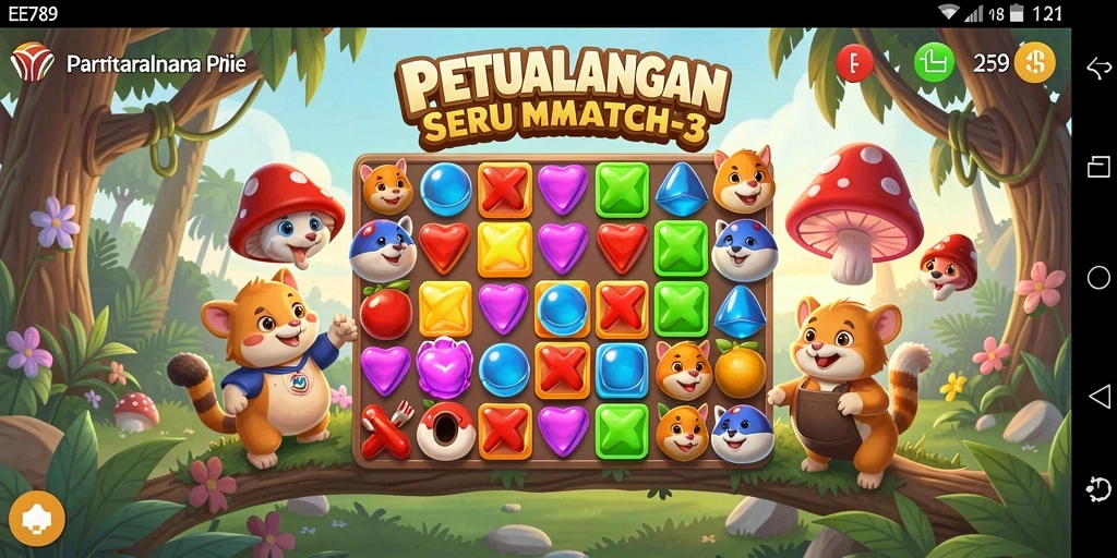 Screenshot gameplay seru dari EE789, menunjukkan aksi Match-3 yang mendebarkan.