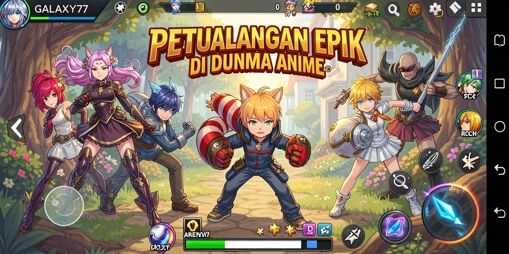 Screenshot permainan GALAXY77 yang menampilkan karakter anime yang penuh aksi.