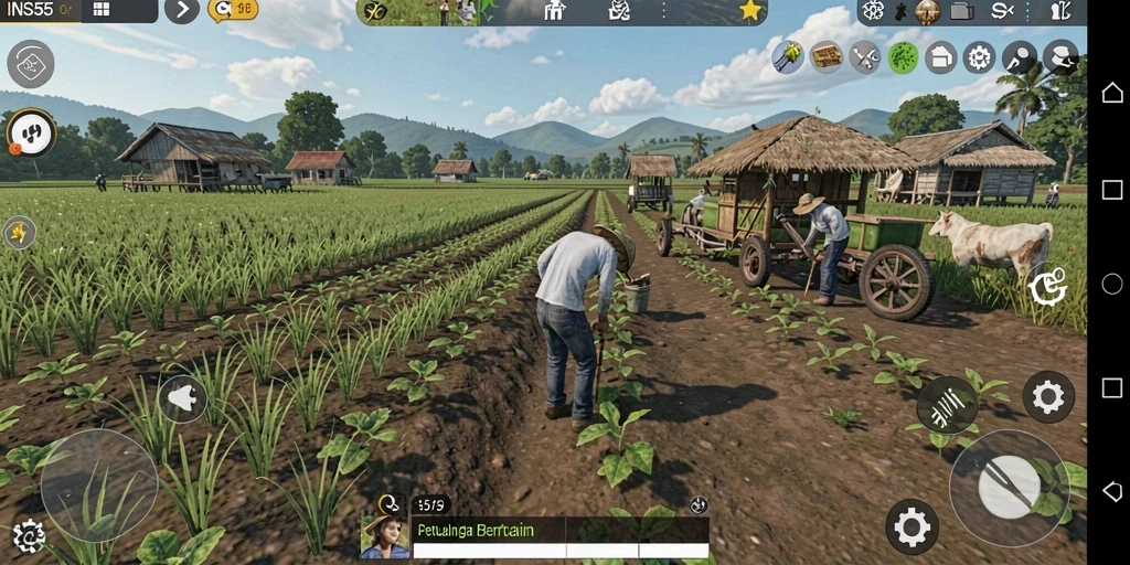 Screenshot gameplay di INS55 yang menampilkan ladang bertani yang subur.
