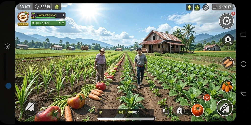 Screenshot utama SD107 menampilkan petani yang sedang bekerja di ladang hijau.