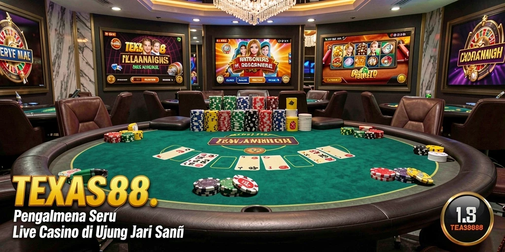 Screenshot gameplay TEXAS88 yang menampilkan dealer langsung dan suasana kasino yang mendebarkan.